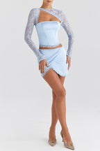 Temptation Hazy Blue Mini Skirt & Lace Corset Top Set
