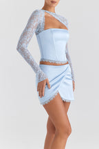 Temptation Hazy Blue Mini Skirt & Lace Corset Top Set