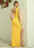 One Shoulder Cut Out Ruched Yellow Dress