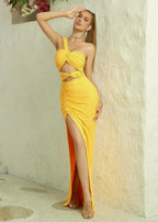 One Shoulder Cut Out Ruched Yellow Dress