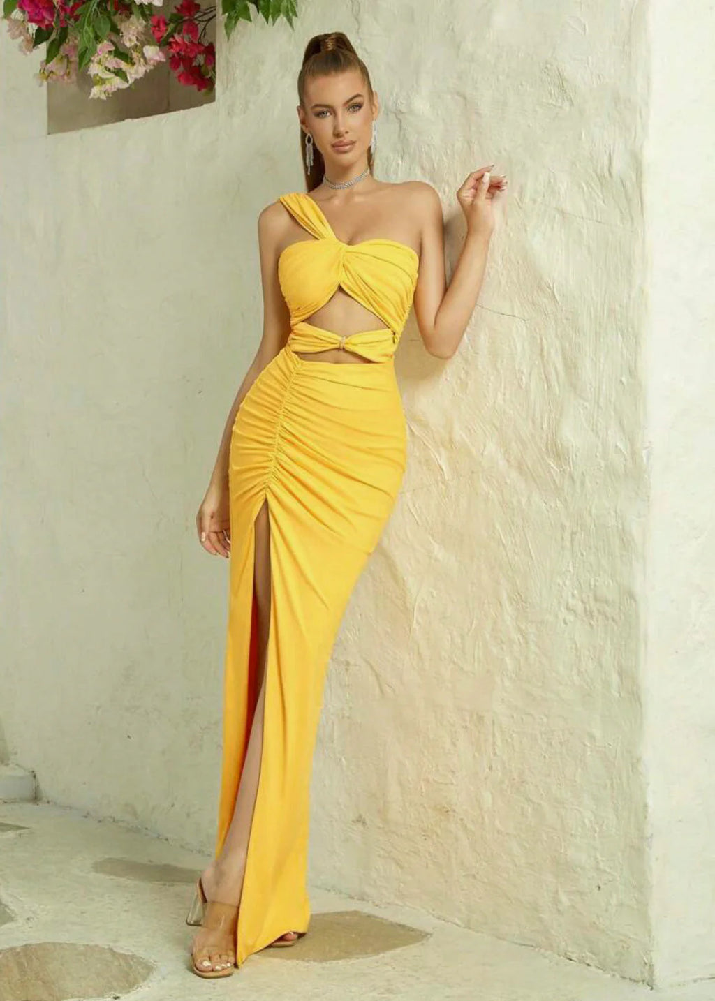 One Shoulder Cut Out Ruched Yellow Dress