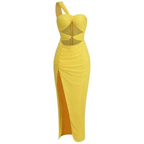 One Shoulder Cut Out Ruched Yellow Dress