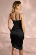 Uma Draped Neck Asymmetric Corset Midi Black Dress