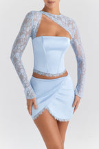 Temptation Hazy Blue Mini Skirt & Lace Corset Top Set