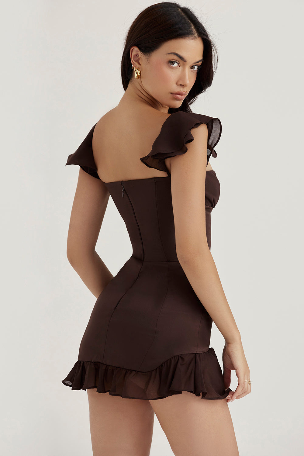 Midnight Elegance Espresso Ruffle Corset Mini Dress