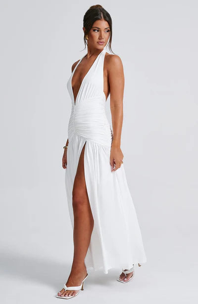 Glimmering Snow Deep V-neck Maxi Dress