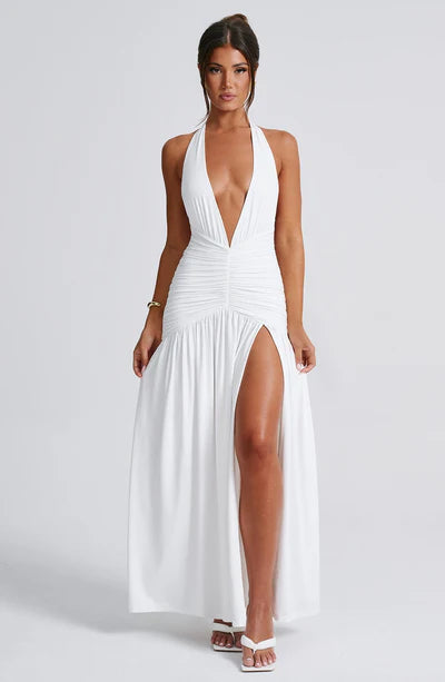 Glimmering Snow Deep V-neck Maxi Dress