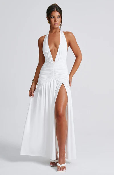 Glimmering Snow Deep V-neck Maxi Dress