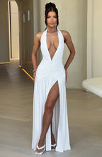 Glimmering Snow Deep V-neck Maxi Dress