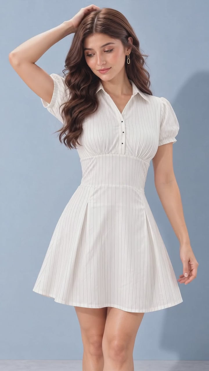 Puff Sleeve Pinstripe Mini Shirt Dress