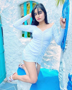 Full Sleeves Cotton Ribbed White Dress