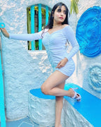 Full Sleeves Cotton Ribbed White Dress