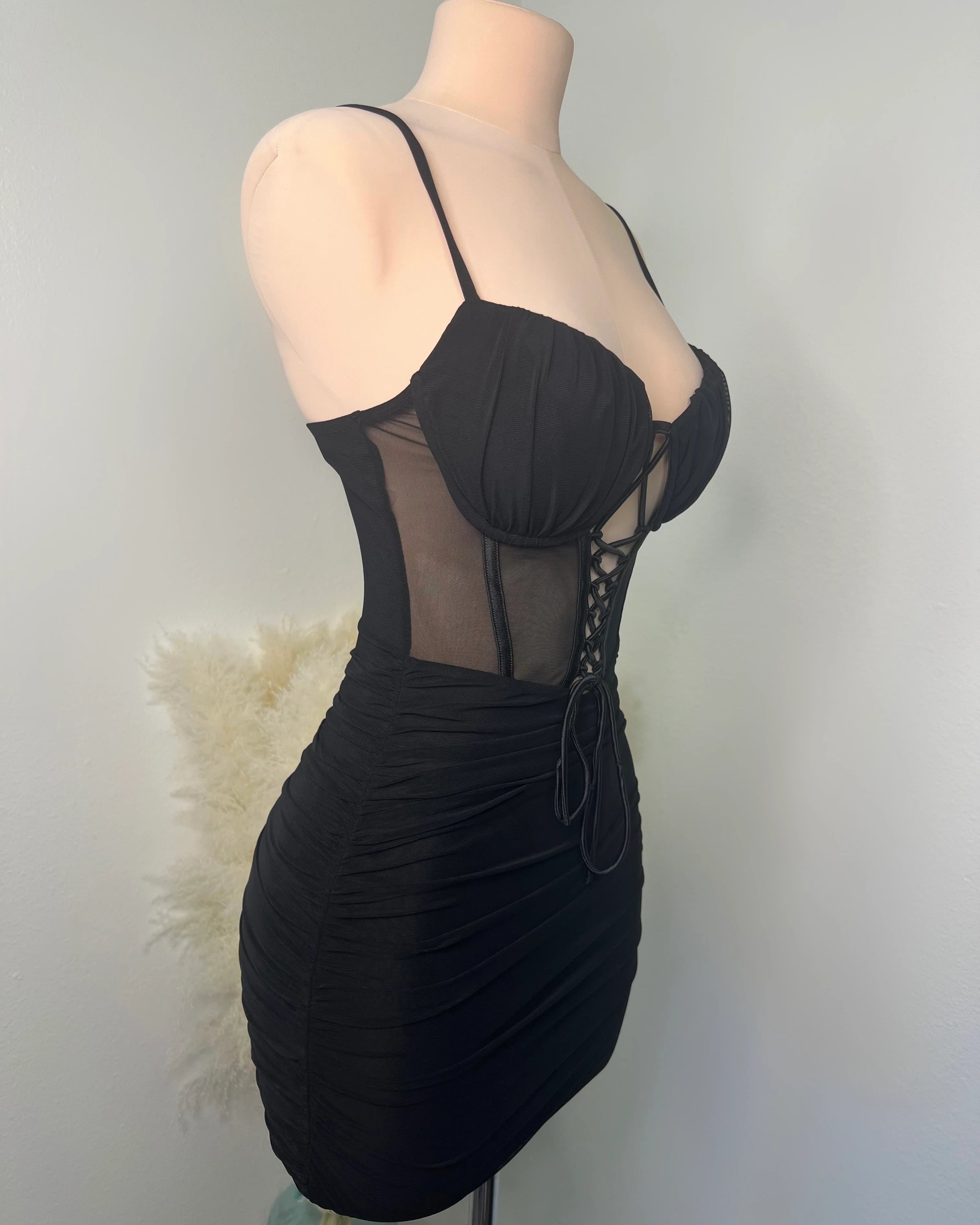 Black Satin Corset Mesh Sleeve Bodycon Dress | PrettyLittleThing